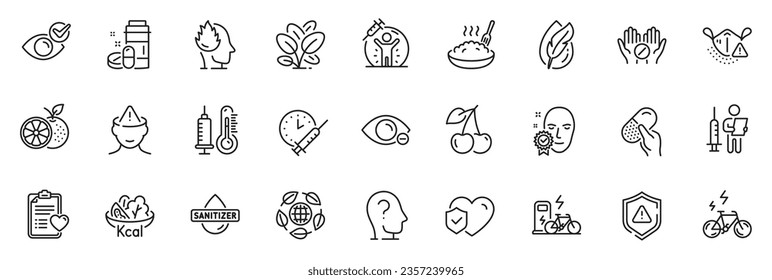 Icons pack as Porridge, Thermometer and Capsule pill line icons for app include Check eye, Shield, Hand sanitizer outline thin icon web set. Life insurance, Patient history. Vector