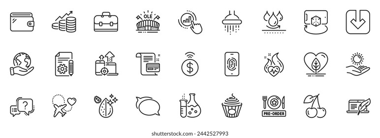 Icons pack as Portfolio, Question mark and Augmented reality line icons for app include Documentation, Load document, Growth chart outline thin icon web set. Pre-order food, Seo devices. Vector