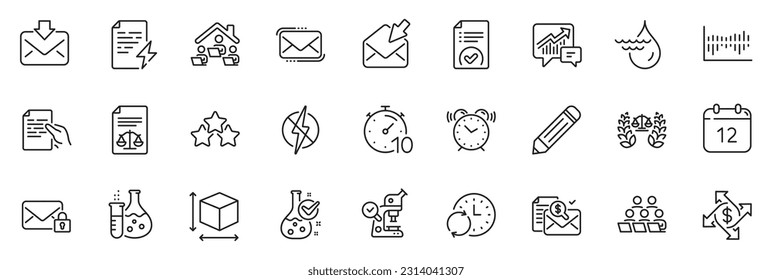 Icons pack as Power certificate, Teamwork and Work home line icons for app include Column diagram, Justice scales, Chemistry flask outline thin icon web set. Pencil, Approved document. Vector