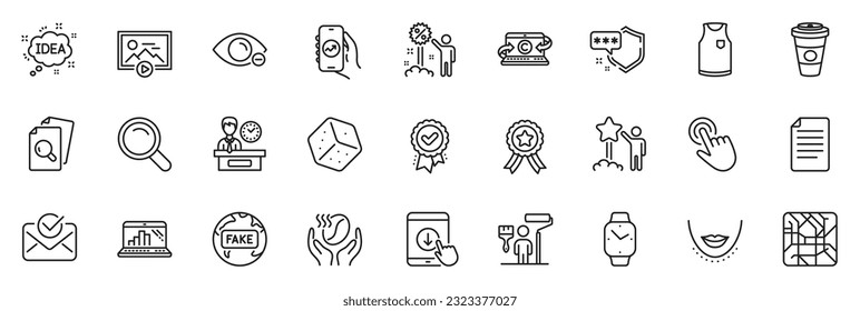 Icons pack as Presentation time, Metro map and Start presentation line icons for app include Myopia, Winner ribbon, Graph laptop outline thin icon web set. Copywriting notebook, Discount. Vector