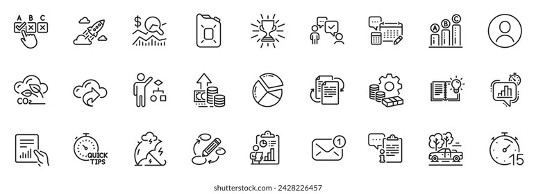 Icons pack as Product knowledge, Account and Trophy line icons for app include Timer, Canister oil, Money outline thin icon web set. Check investment, Startup rocket, Quick tips pictogram. Vector