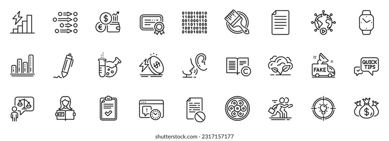 Iconos empaquetan como fecha límite del proyecto, los iconos de la línea de noticias de Certificate and Fake para la aplicación incluyen la tasa de cambio de divisa, el laboratorio de química, el conjunto delgado de iconos del esquema de la competencia. Comprobar la inversión, Firma. Vector