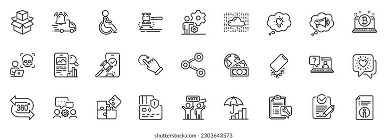 Icons pack as Puzzle, Rfp and Technical info line icons for app include Spanner, Inflation, Smartphone broken outline thin icon web set. Delivery notification, Faq, Packing boxes pictogram. Vector