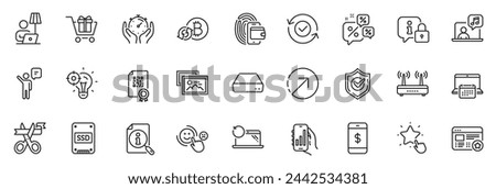 Icons pack as Qr code, Music and Favorite line icons for app include Security confirmed, Confirmed, Search outline thin icon web set. Cut ribbon, Direction, Wifi pictogram. Vector