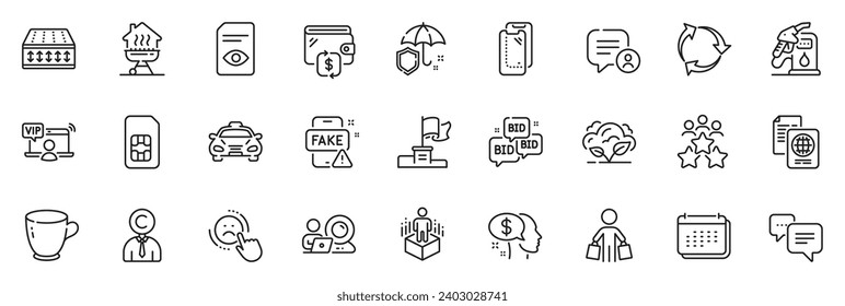 Icons pack as Recycle, Umbrella and Pay line icons for app include Video conference, Dots message, Tea cup outline thin icon web set. Bid offer, Winner flag, Augmented reality pictogram. Vector