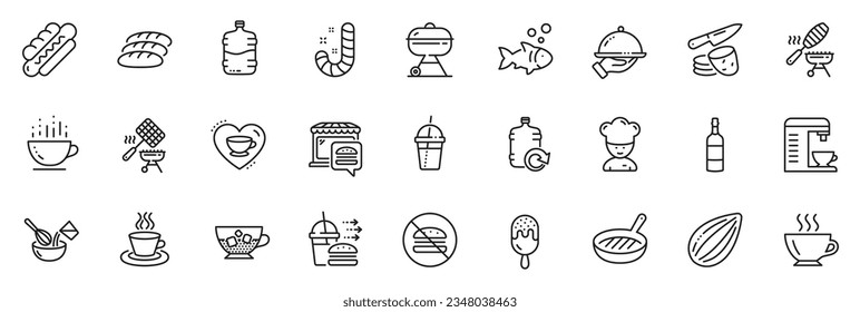 Icons pack as Refill water, Cooler bottle and Coffee machine line icons for app include Grill pan, Fish, Hotdog outline thin icon web set. Brandy bottle, Almond nut, Cooking whisk pictogram. Vector