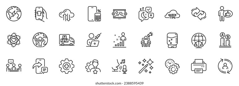 Icons pack as Refresh, Electricity and Quick tips line icons for app include Image carousel, Magistrates court, Atom outline thin icon web set. Cloud sync, Magic wand. Refresh outline sign. Vector