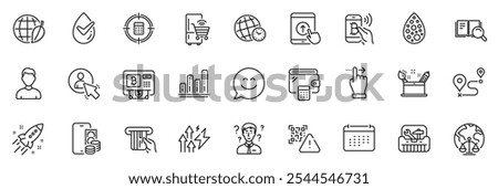 Icons pack as Refrigerator, Energy inflation and Wallet line icons for app include Support consultant, User, Credit card outline thin icon web set. Artificial colors, Swipe up. Vector