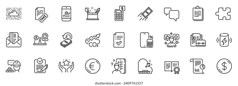 Icons pack as Report, Dollar money and Piano line icons for app include Calculator, Clipboard, Smartphone statistics outline thin icon web set. Cloud system, Creativity concept. Vector