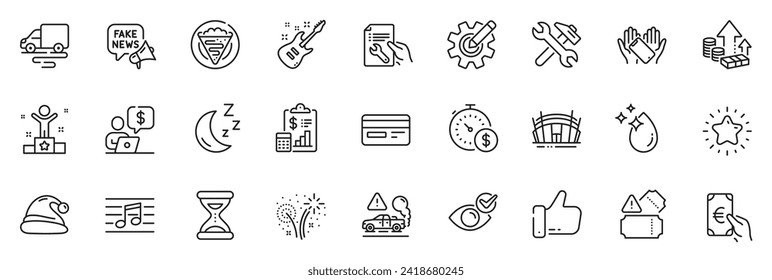 Icons pack as Report, Tickets and Exhaust line icons for app include Musical note, Business person, Santa hat outline thin icon web set. Fireworks, Repair document, Last minute pictogram. Vector