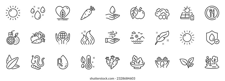 Icons pack as Safe water, Carrot and Feather line icons for app include Worms, Wind energy, Apple outline thin icon web set. Sunny weather, Vegetables, Sea mountains pictogram. Food. Vector