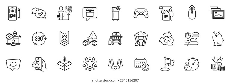 Icons pack as Sconce light, Smile chat and Gas grill line icons for app include Fitness, Online job, Food delivery outline thin icon web set. Stars, Photo album, Timer pictogram. Get box. Vector