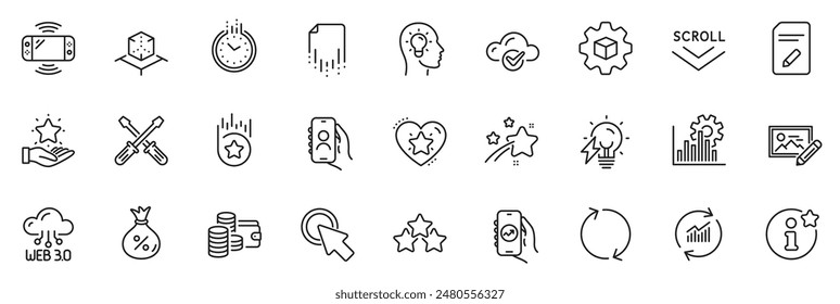 Icons pack as Screwdriverl, User call and Ranking stars line icons for app include Refresh, Update data, Time outline thin icon web set. Electricity bulb, Loyalty program. Vector