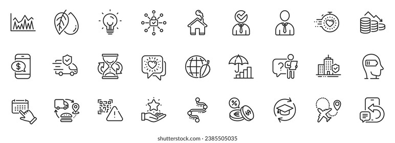 Icons pack as Security lock, Loyalty program and Transport insurance line icons for app include Timeline, Home, Friends chat outline thin icon web set. Mineral oil, Inflation. Vector