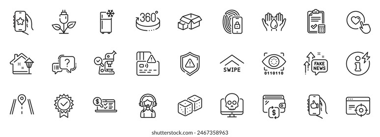 Icons pack as Shield, Safe water and Swipe up line icons for app include Question mark, Accounting checklist, Dice outline thin icon web set. Card, Seo targeting, Power info pictogram. Vector