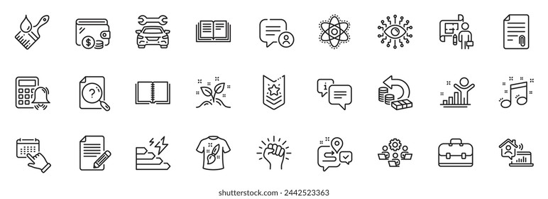 Los iconos se empaquetan como correa de hombro, ganador e iconos de línea de artículo para la aplicación incluyen billetera, documento de búsqueda, esquema de cartera de iconos delgados, conjunto web de iconos. Empoderar, Trabajo en equipo, Viaje pictograma. Vector