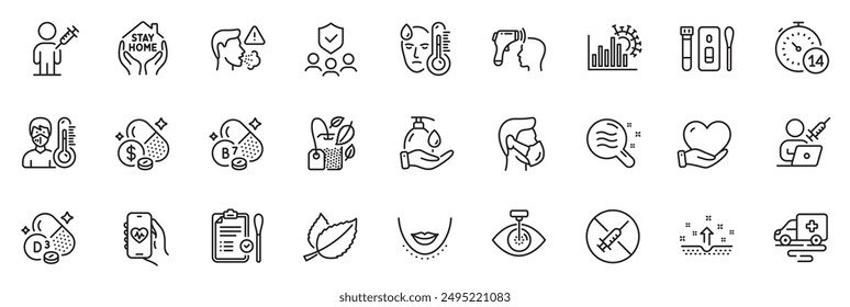 Icons pack as Skin condition, Medicine price and Chin line icons for app include Nasal test, Medical mask, Stay home outline thin icon web set. People vaccination, Thermometer. Vector