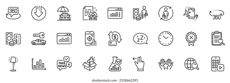 Icons pack as Sleep, Credit card and Ranking line icons for app include Money transfer, Chemistry lab, Stand lamp outline thin icon web set. Reject medal, Time, Diagram graph pictogram. Vector