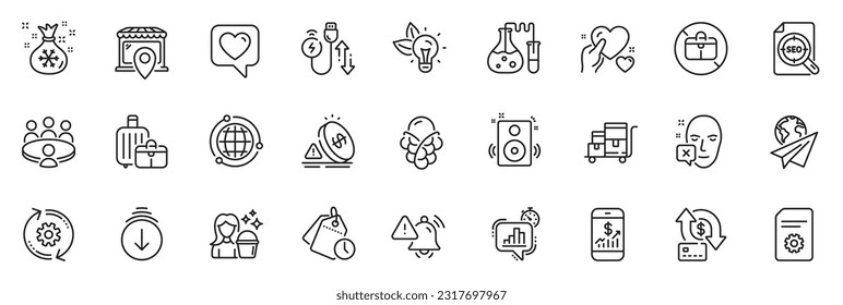 Icons pack as Speakers, Inventory cart and Money transfer line icons for app include Hold heart, Globe, Time management outline thin icon web set. Heart, No handbag, Eco energy pictogram. Vector