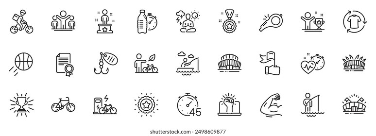 Icons pack as Sports stadium, Timer and Winner star line icons for app include Winner, Boat fishing, Yoga outline thin icon web set. Arena stadium, Eco bike, Sports arena pictogram. Vector