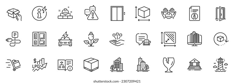 Icons Pack als Quadrat Bereich, Bausteine und Offene Türlinien-Icons für App enthalten technischen Algorithmus, Charging Parkplatz, Fragile Paket Umriss dünne Icon Web-Set. Vektorgrafik
