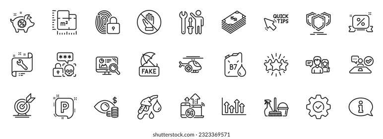 Icons pack as Star, Information and Descuentos iconos de la línea de la aplicación incluyen Piggy sale, Fake news, Business vision framework thin icon set. Estación de gasolina, flechas superiores. Vector