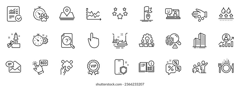 Icons pack as Stars, Checked calculation and Dog competition line icons for app include Vip award, Smile, Innovation outline thin icon web set. Food, Bumper cars, Hand click pictogram. Vector