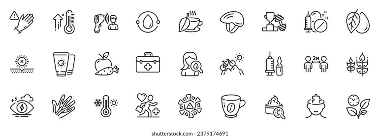 Icons pack as Stress, Coronavirus and Mental conundrum line icons for app include Medical drugs, Mountain bike, High thermometer outline thin icon web set. Use gloves, Sunscreen. Vector