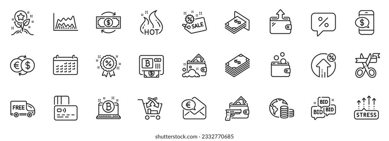 Icons pack as Stress grows, Loan percent and Bid offer line icons for app include Free delivery, Atm money, Wallet outline thin icon web set. Card, Phone payment, Discount pictogram. Vector