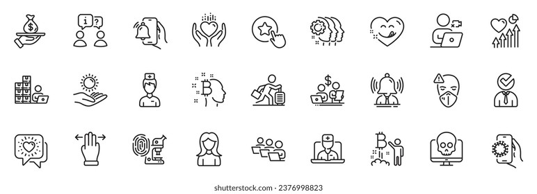 Icons pack as Sun protection, Cyber attack and Doctor line icons for app include Interview, Telemedicine, Vacancy outline thin icon web set. Yummy smile, Video conference, Covid app pictogram. Vector