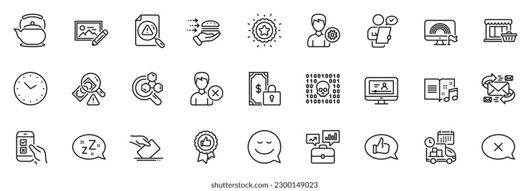 Icons pack as Support, Teapot and Marketplace line icons for app include Fraud, Photo edit, Food delivery outline thin icon web set. Positive feedback, Reject, Winner star pictogram. Vector