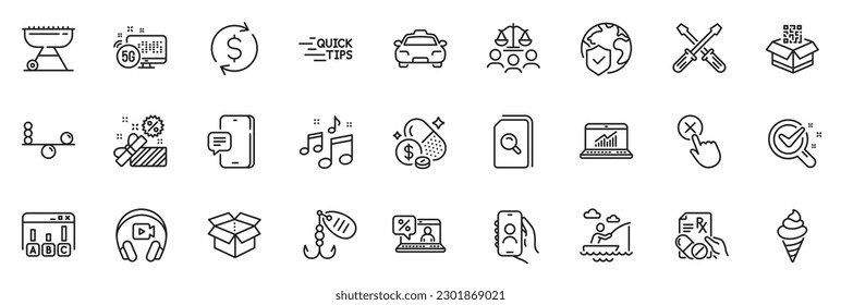 Icons pack as Survey results, Headphones and Open box line icons for app include Fishing lure, Ice cream, Online statistics outline thin icon web set. Screwdriverl, Grill, Taxi pictogram. Vector