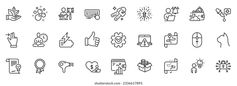 Icons pack as Swipe up, Success and Touchscreen gesture line icons for app include Hair dryer, Keys, Yoga outline thin icon web set. Approved agreement, Organic product, Group people pictogram. Vector