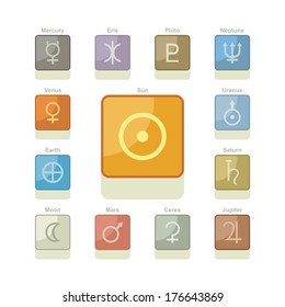 Icons pack with symbols of major planets, sun and moon