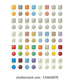 Icons pack with symbols of solar system celestial objects, moon phases, zodiac constellations and signs