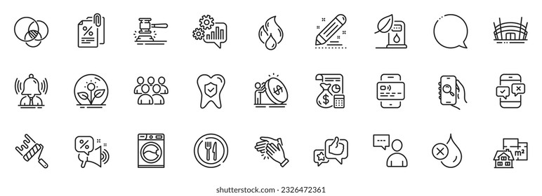 Los iconos se empaquetan como documentos de impuestos, roller de pintura e iconos de línea de sondeo de teléfono para la aplicación incluyen diagrama de Euler, oferta de descuentos, juego de iconos delgados del esquema Like. Burbuja de voz, lavadora. Vector