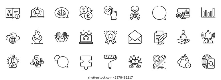 Icons pack as Teamwork, Checkbox and Difficult stress line icons for app include Best manager, Ranking star, Messenger outline thin icon web set. Justice scales, Chemical hazard. Vector