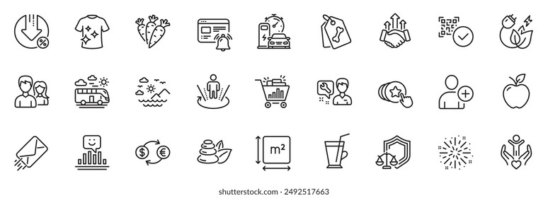 Icons pack as Teamwork, Hold heart and Carrots line icons for app include E-mail, Green energy, Sea mountains outline thin icon web set. Smile, Augmented reality, Currency exchange pictogram. Vector