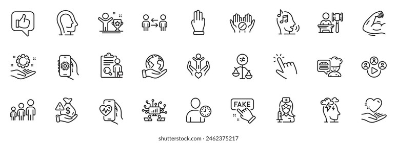 Icons pack as Teamwork, Three fingers and Stress line icons for app include Volunteer, Vaccination, Inspect outline thin icon web set. Psychology, Winner cup, Cursor pictogram. Vector