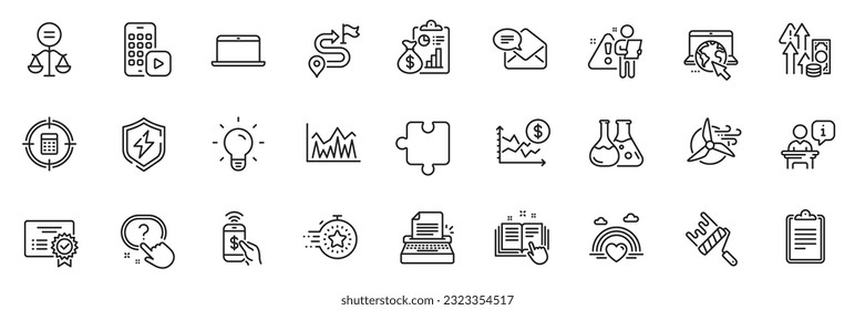 Icons pack as Technical documentation, New mail and Journey line icons for app include Phone app, Certificate, Ethics outline thin icon web set. Light bulb, Clipboard, Paint roller pictogram. Vector