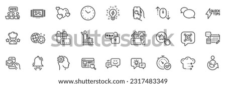 Icons pack as Time, Account and Messenger line icons for app include Best chef, Idea lamp, Money outline thin icon web set. Online voting, Clock bell, Scroll down pictogram. Time outline sign. Vector