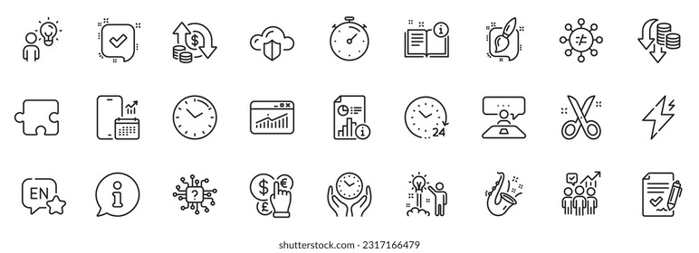 Los iconos se empaquetan como íconos de línea de estadísticas de tiempo, tiempo seguro y sitio web para la aplicación, como Power, Interview job, Artificial Intelligence contorno de diseño delgado conjunto de iconos. Información, confirmación, pictograma manual. Vector