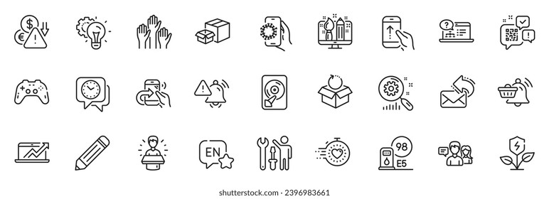 Icons pack as Timer, Eco power and Share call line icons for app include Return package, Creative design, Pencil outline thin icon web set. Hdd, Gamepad, Voting hands pictogram. Vector