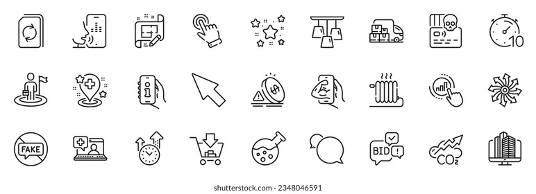 Icons pack as Timer, Fitness and Co2 line icons for app include Inflation, Shopping, Voicemail outline thin icon web set. Architect plan, Versatile, Cyber attack pictogram. Ceiling lamp. Vector