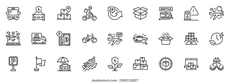 Icons pack as Training Results, Bus and Search fly line iconos de la aplicación incluyen el almacenamiento en línea, Eco power, 24 horas contorno delgado conjunto de iconos. Bicicleta de entrega, cajas de embalaje. Vector