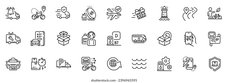 Icons pack as Transport insurance, Bus tour and Flight mode line icons for app include Flight destination, Metro map, Car registration outline thin icon web set. Packing boxes. Vector