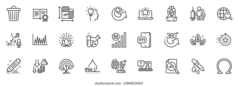 Icons pack as Trash bin, Certificate and Chemistry lab line icons for app include Share idea, Nurse, Line graph outline thin icon web set. Idea, Deflation, Timer pictogram. Vector