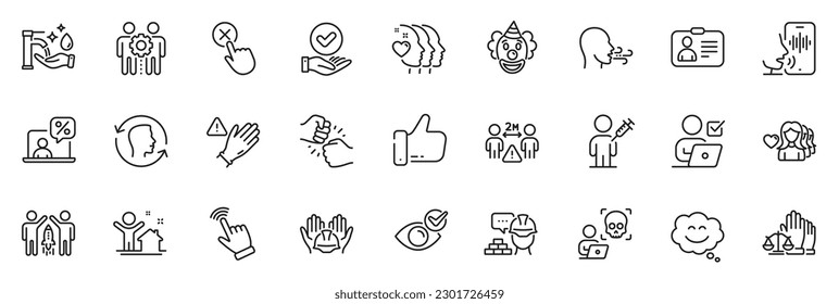 Icons pack as Use gloves, Online tax and Clown line icons for app include Breathing exercise, Partnership, Friends couple outline thin icon web set. Face id, Builders union. Vector