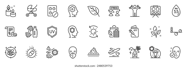 Icons pack as Vaccination passport, Baby carriage and Psychology line icons for app include Uv protection, Sun protection, Bio shopping outline thin icon web set. Plants watering, Stress. Vector