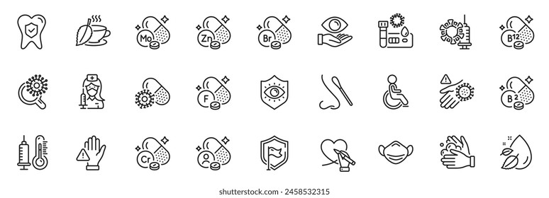 Icons pack as Vaccination, Social care and Medical mask line icons for app include Coronavirus vaccine, Molybdenum mineral, Mint tea outline thin icon web set. Cobalamin vitamin, Vitamin. Vector